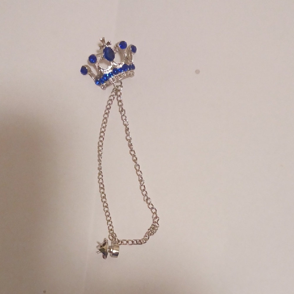 Silver and Blue Crown Lapel  or Tie Pin with Chain For Women Or Men.